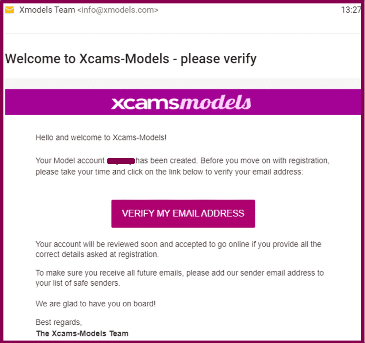 Registration a modeling account on XcamsModels: Verify my email address