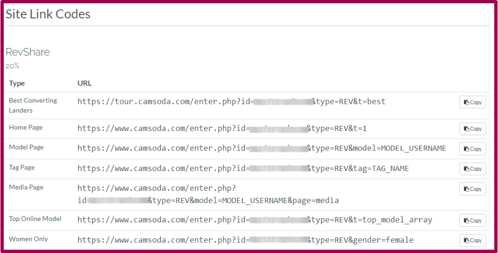 Site link codes on CamSoda affiliate program